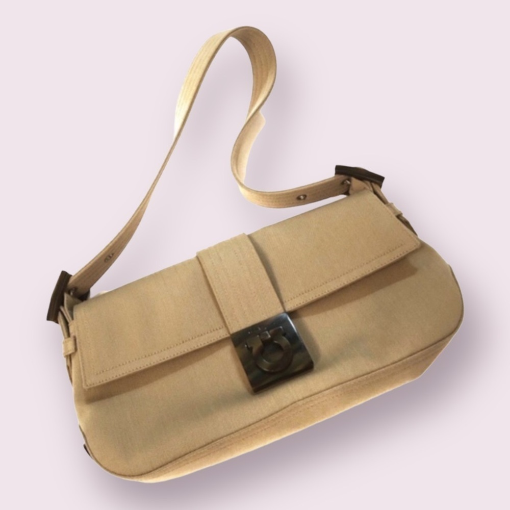 Salvatore Ferragamo Beige Canvas Shoulder Bag  Gancini Closure